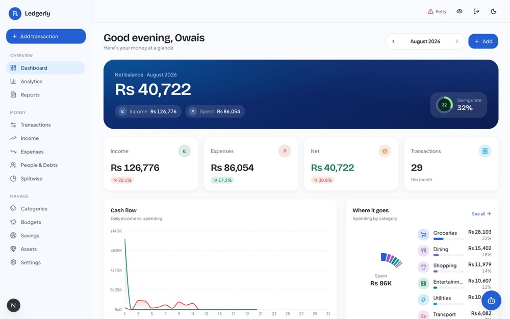 Ledgerly finance app dashboard